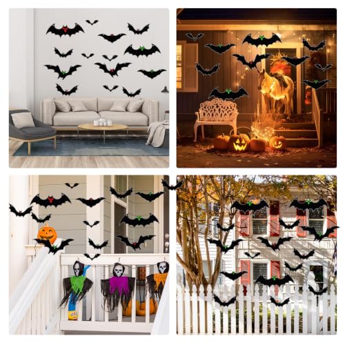 Halloween Hanging Bat Decorations Outdoor - 16 Pack Glowing Eyes Black Variation