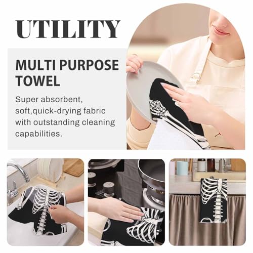 Human Skeleton Posing Kitchen Towels - Spooky Halloween Dish Cloths 2 Pack 16x24 Inches