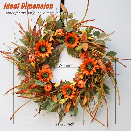 22-Inch Fall Pumpkin Wreath with Sunflowers and Berries for Front Door Decor
