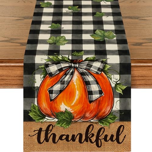 Fall Table Runner with Buffalo Plaid Bowknot Pumpkin Thankful Decor for Dining Table