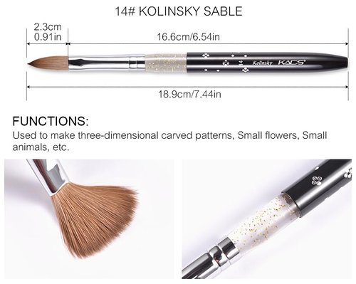 Rolabling Size 14# Black 100% Kolinsky Sable Acrylic Nail Art Brushes UV Gel Nail Painting Pen Brushes (Szie 14)