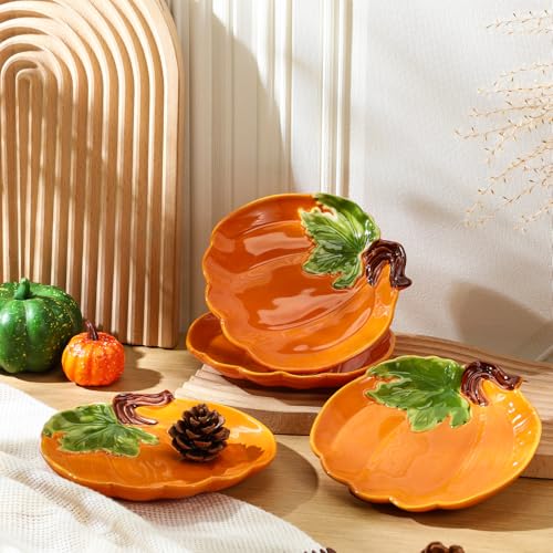 FillTouch Orange Ceramic Pumpkin Plates - Fall Appetizer & Dessert Dishes - 4 Pack