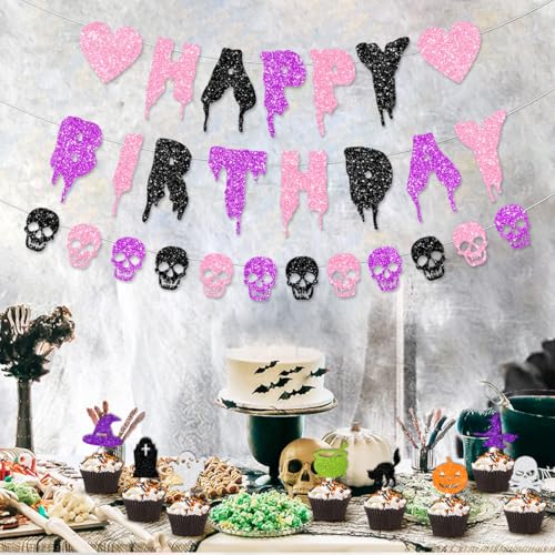 Halloween Birthday Banner & Skull Garland Party Decorations - Goth Gothic Halloween Theme