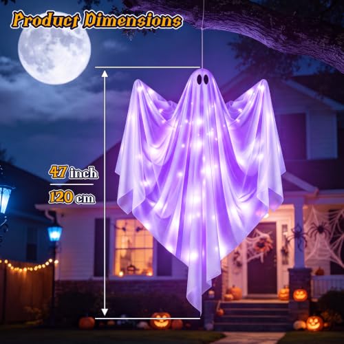 Halloween Hanging Light-up Ghost Decoration - 47-Inch Flying Purple LED Haunted House Prop