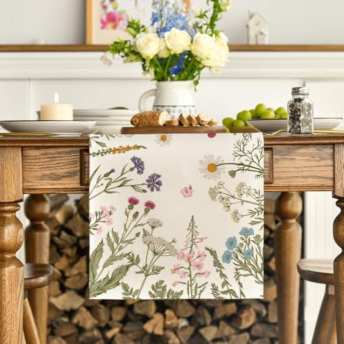 Floral Wildflowers Herb Spring Table Runner - 13x108 Inch Beige Seasonal Decor