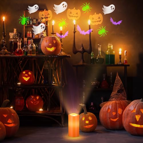 Halloween Ghost Flameless Candle with Projector Lights - Spooky Decor, Remote Control, Battery Operated - Variation: Halloween