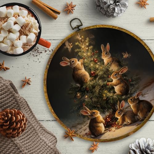 Bunny Christmas Tree Round Wall Art - Rustic Winter Rabbit Decor, 10x10 Inch, Variation 26