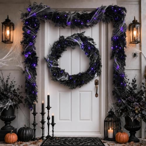 Halloween Garland Decorations - 9FT Pre-lit Black Cedar with Berry & Spider Web - Indoor Outdoor Decor - Variation: Halloween