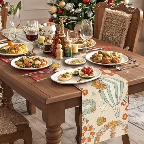 Peace Love Flower Linen Table Runner - Farmhouse Floral Decor for Kitchen & Dining