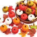 Mini Artificial Pumpkins with Realistic Leaves - Fall Decor Set, Yellow & Green