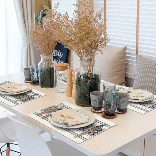 Black and White Boho Cotton Blend Placemats Set of 6 - Rustic 14x18 Inch