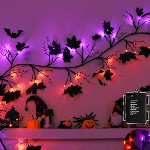 Halloween Willow Vine Twig Garland with 72 LED Lights - 9ft Orange & Purple, 8 Modes & Timer