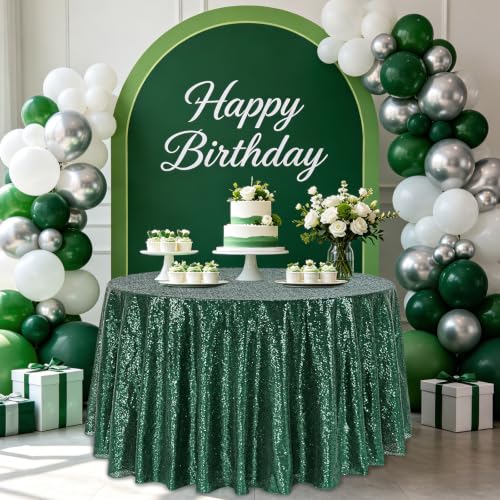 Emerald Green Round Sequin Tablecloth - 132 Inch Glitter Wedding & Party Decor