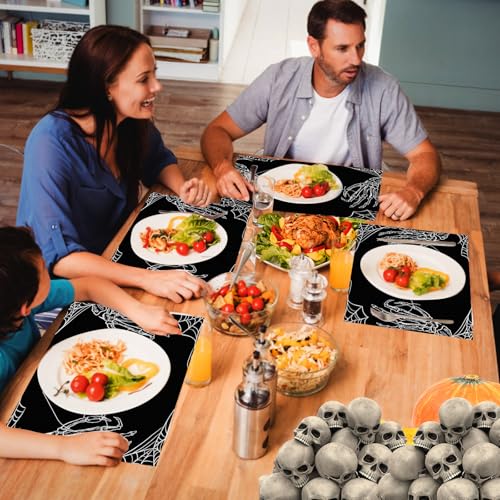 Halloween Skeleton Spider Placemats Set of 4 - Black Table Decor for Parties & Kitchen