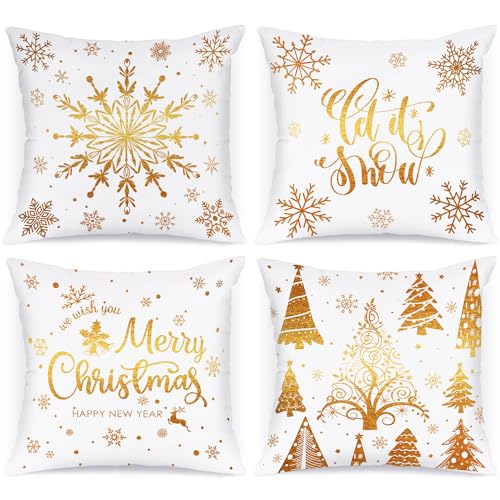 Gold and White Bronzing Christmas Throw Pillow Covers Set of 4 22x22 Inches - Holiday Cushion Cases for Home Decor