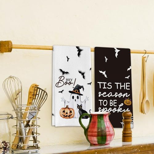 Ghost Pumpkins Bats Cat Hey Boo Halloween Waffle Weave Kitchen Towels - Apricot Variation