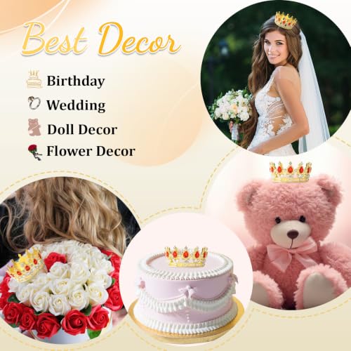 Mini Baby Crown Cake Topper - Gold & Red Crystal Tiara for Wedding & Birthday