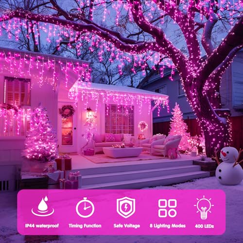 Pink LED Icicle Lights 400 LEDs - 38.8FT Christmas & Decorative String Lights - Pink