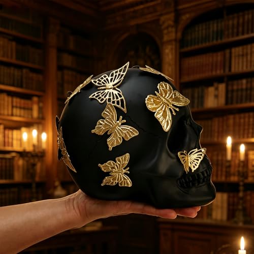Black Skull Statue Gothic Figurine for Home Decor - Large Halloween Ornament with Butterflies