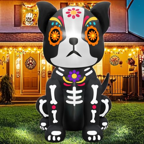 4 Ft Day of The Dead Inflatable Skull Dog with LED Lights for Halloween & Outdoor Decor