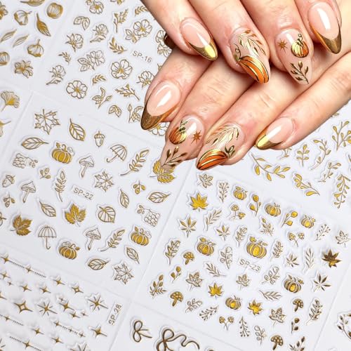Gold Nail Art Stickers Decals Set - Style-13, 30 Sheets Self-Adhesive Flower & Leaf Designs for Nails