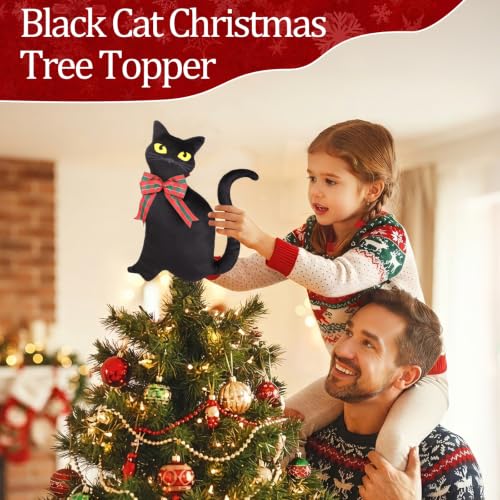 Halloween & Christmas Black Cat Tree Topper with Changeable Bows - 11.8 Inch Decor