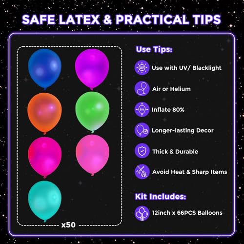 Neon / Medium Glow Balloons Bulk - 50 Pack 12 Inch Fluorescent Latex for UV Party Decorations