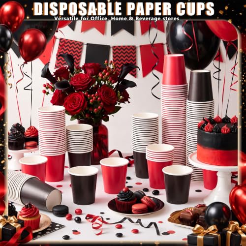Disposable Paper Cups 8 oz Black and Red Set for Parties and Events - 300 Pack
