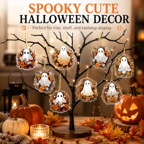 Fall Ghost Flower Halloween Thanksgiving Tree Ornaments - 8 Pcs, Acrylic, Indoor Decor