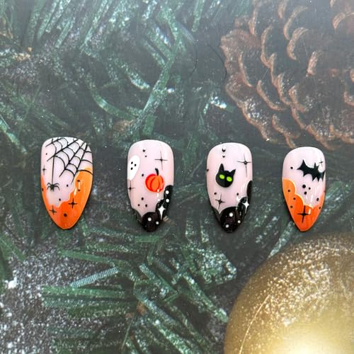 Halloween Press On Nails with Ghost & Pumpkin Pattern - Yellow & Black, Reusable Fake Nails - Variation HA019