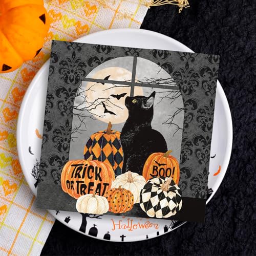 Halloween Paper Napkins 50 Pack Black Cat Pumpkin Disposable Dinner Hand Napkins - 6.5x6.5 Inch