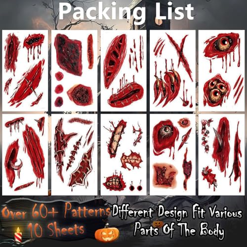 Fake Scars Temporary Tattoos A - 60+PCS Horror Blood Zombie Wounds Halloween