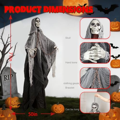 Gray Halloween Skeleton with LED Red Glowing Eyes, Sound & Touch Activated Motion, Body Swaying, Adjustable Arms, 71-Inch