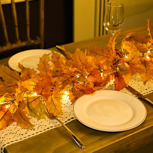 6FT Fall Leaves Garland with Lights and Timer - Red-Orange Autumn Decor