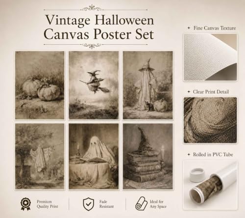 Sketch Halloween Wall Art Set - Unframed 16x12 Inches, Vintage Gothic Style