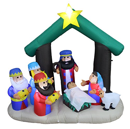 6 Ft Inflatable Nativity Scene with Three Kings Sheep & Cattle – Christmas Holiday Yard Decor
