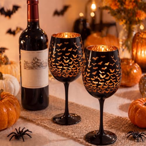 Halloween Bat Wine Glasses Set - Black & Orange Stemmed Goblets, 15oz, 2 Pcs