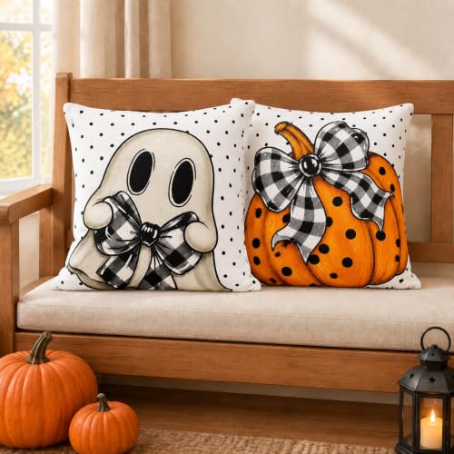 Halloween Pillow Covers 18x18 Set of 2 - Ghost & Pumpkin Farmhouse Decor - White / 18" x 18"