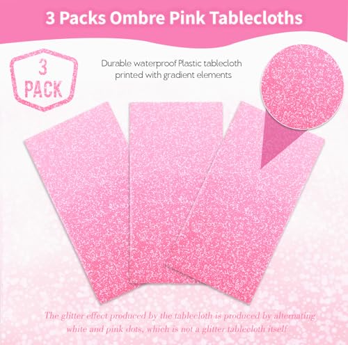 Pink Tablecloth Set - Ombre Pink Glitter Disposable Party Covers, 3 Pack