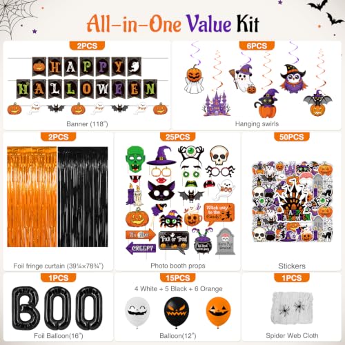 Halloween Party Decorations Set - Black & Orange Halloween Festive Supplies, 112 Pieces with Banners, Balloons & Props - Variation: Black Orange
