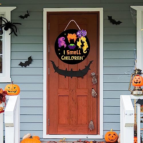 Halloween Wreath Door Sign with Witch Sisters and Bow Decor - Wooden Halloween Door Hanger