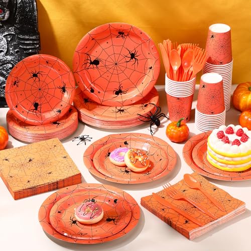 Halloween Spiderweb Disposable Party Dinnerware Set - Orange, 400 pcs