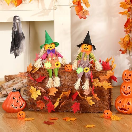 Fall Thanksgiving Hay Bales Set with Scarecrow & Maple Leaf Garland - Weatherproof Decor