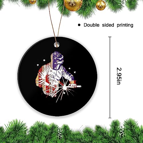 American Flag Welder Worker Christmas Keepsake Ornament - 3 Inch Ceramic Tree Decoration