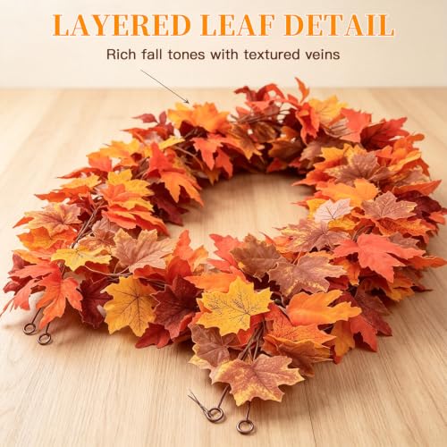 Fall Garland Artificial Maple Leaves 2-Pack Orange 5.9Ft for Festival Decor