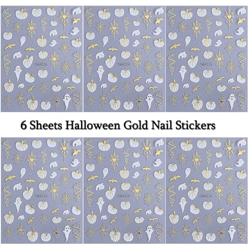 Halloween Nail Art Stickers 3D Bronzing Bats Spider Web Pumpkin Ghost - Style 8, 6 Sheets