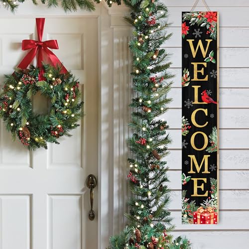 Christmas Welcome Sign for Front Porch Standing - Red Holly Xmas Wooden Sign, Rustic Farmhouse Decor