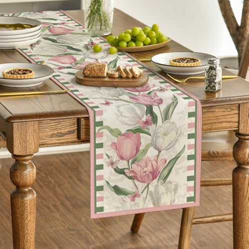 Pink Tulip Bloom Floral Table Runner 13x48 Inch Spring Summer Home Decor
