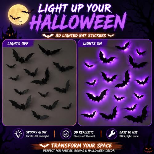 38 Pcs LED Halloween Bat Wall Decor Set - 3D Indoor Outdoor Decorations
