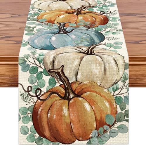Eucalyptus Fall Pumpkins Table Runner - 13x72 Inch Autumn Thanksgiving Decor